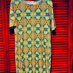 LuLaRoe Julia Dress -Green-Yellow & Orange Geometric Print